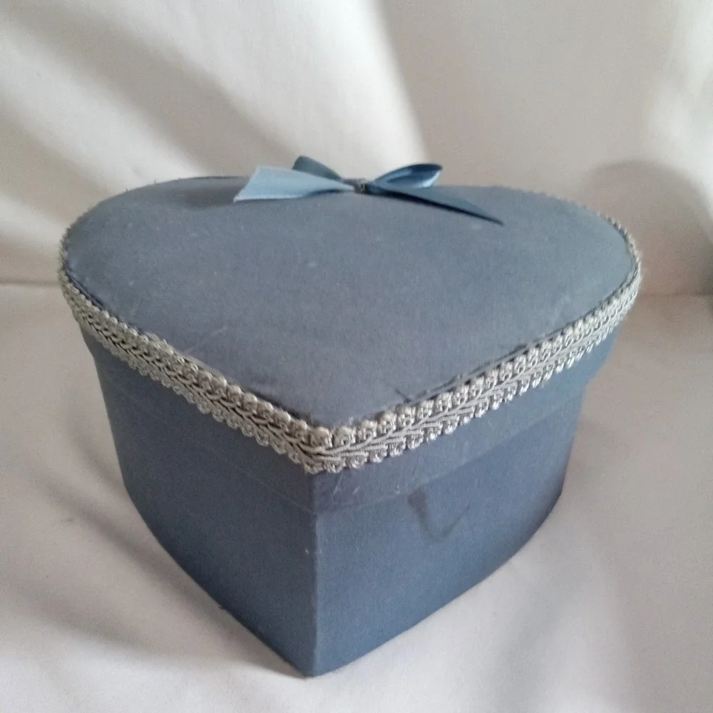 Vintage Style Blue Fabric Heart Shaped Keepsake Box with Silver Trim and Bow
